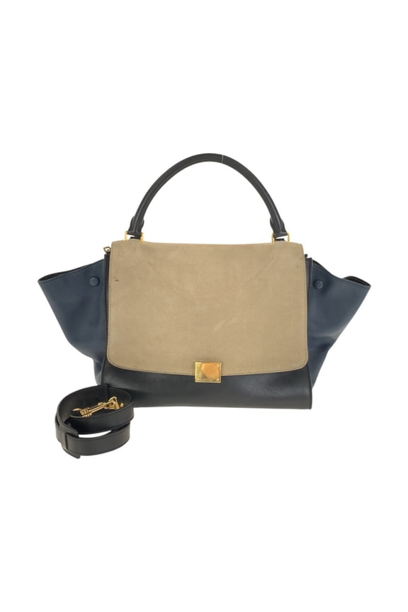 Pre-Owned CELINE Trapeze navy/beige leather handbag/shoulder bag with gold hardware. 2-way for...