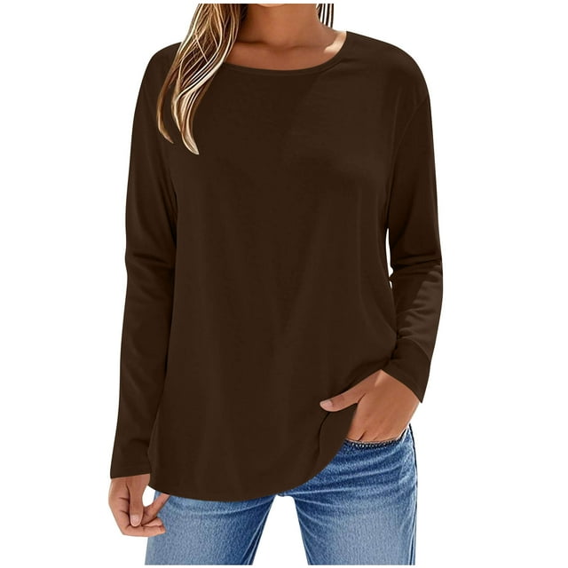 cfhntfmh Womens T Shirts Long Sleeve Round Neck Basic Tee Soft Casual Loose Fit Fall Tops Solid Color Clothes Outfits