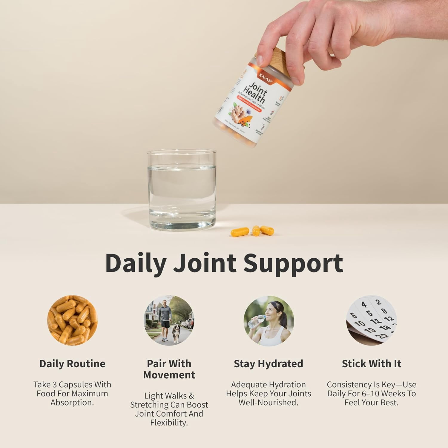 Snap Supplements Joint Health Support, Plant Based Glucosamine & MSM, Movement, Flexibility and Strength - 90 Capsules
