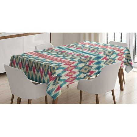 

Ikat Decor Tablecloth Original Asian Tied Triangle Figure Handmade Effect Traditional Boho Print Rectangular Table Cover for Dining Room Kitchen 52 X 70 Inches Cream Red Teal by Ambesonne