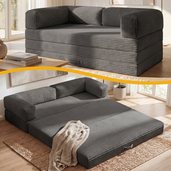 Convertible Sofa Bed Queen Size,5-in-1 Tri-Fold Boneless Couch with Removable Armrests & Handle,Corduroy Futon Sleeper Sofa,Gray