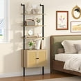 thumbnail image 5 of 73" Tall Bookshelf with Cabinet, Industrial Ladder Wall Mount Shelf Rattan Bookcase with Wood and Metal Frame, Plant Shelf Wall Storage Display for Living Room Bedroom,Light Ivory Brown, 5 of 16