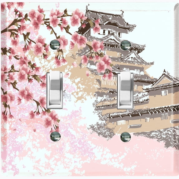 Metal Light Switch Plate Cover Japanese Pink Sakura Flower House Brown FLW127
