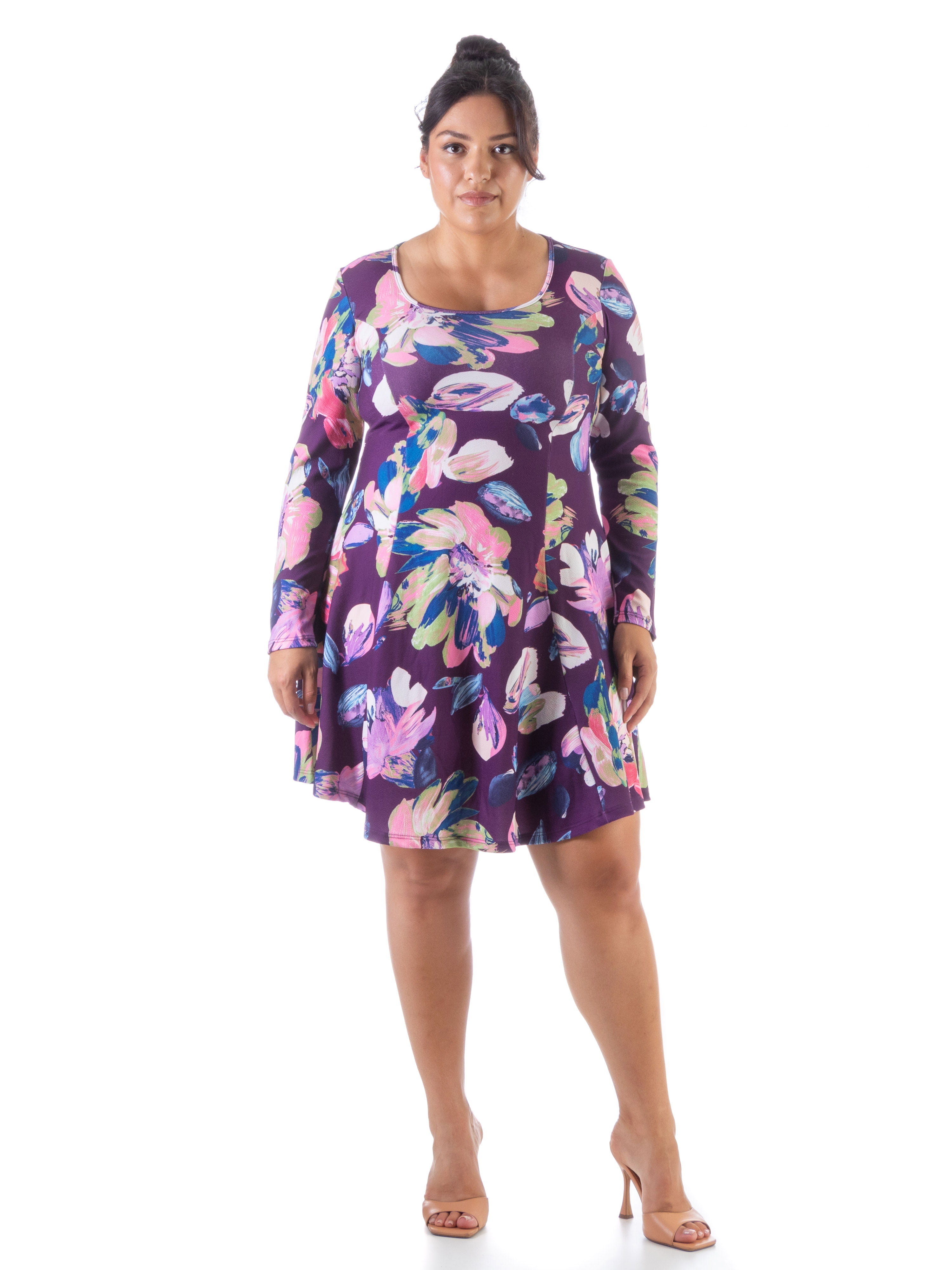 24/7 Comfort Apparel Womens Plus Floral Purple Long Sleeve Knee Length Dress