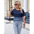 thumbnail image 6 of 2025 Spring and Summer New Women'S Button Short Sleeve Round Neck Colorblock Tops Blue S, 6 of 8