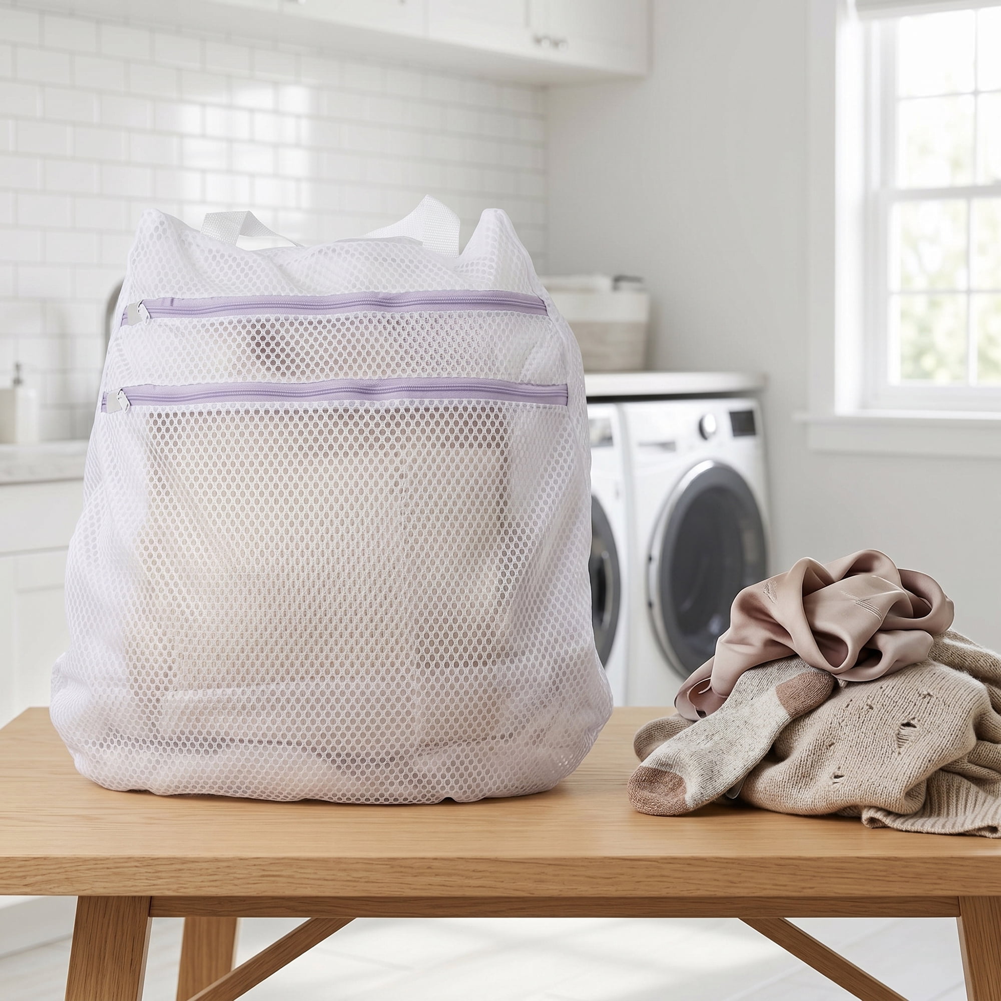 Unique Bargains 2 Pcs Mesh Laundry Bags, Durable Zipper Closure White-Purple 19.7"x19.7"