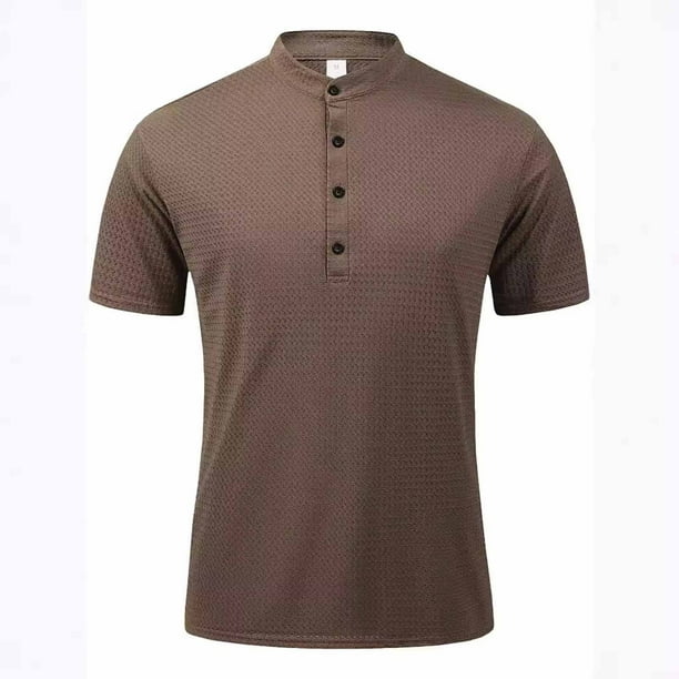 pstuiky Camisas de manga corta para hombre, Camisa informal de color liso con botones y cuello alto para hombre, versátil, de manga corta ropa de hombre l