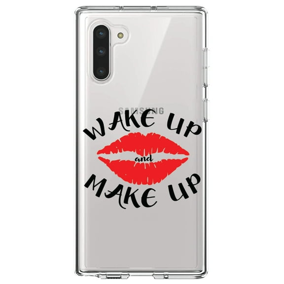 DistinctInk Clear Shockproof Hybrid Case for Samsung Galaxy Note 10 (6.3" Screen) - TPU Bumper Acrylic Back Tempered Glass Screen Protector - Wake Up and Make Up