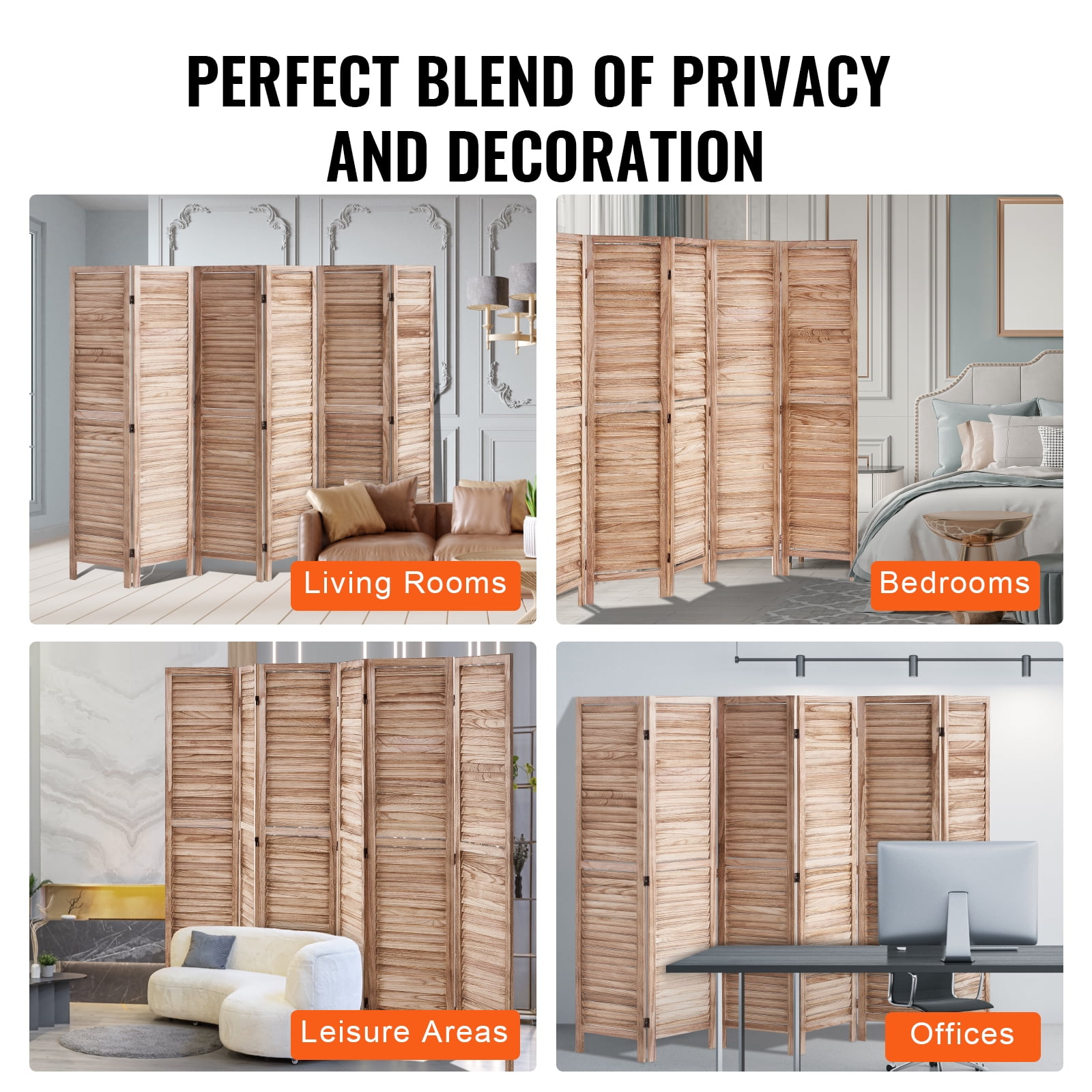 VEVOR Wood Room Divider, 6 Panel Wood Folding Privacy Screen, 66.9 Inches&nbsp;Tall Indoor Louvered Partition Divider,Portable Decoration Screen,for Room Separation,&nbsp;Office