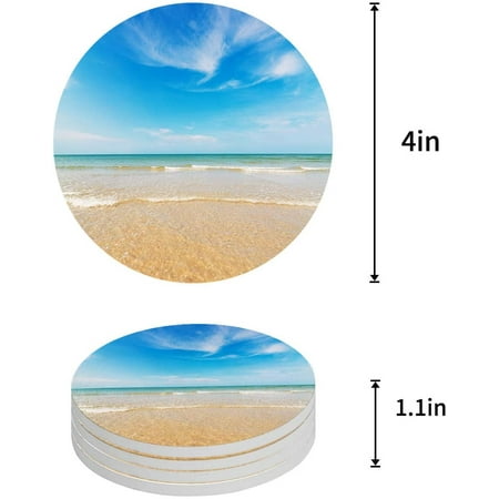 

KXMDXA Beach Clear Sea Sand Ocean Blue Set of 4 Round Coaster for Drinks Absorbent Ceramic Stone Coasters Cup Mat with Cork Base for Home Kitchen Room Coffee Table Bar Decor