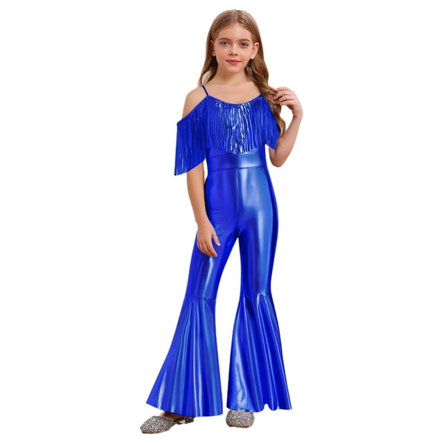 Fldy Combinaison Sans Manches pour Filles Fête d'Anniversaire à Sequins Bretelles Spaghetti Franges Concours Banquet Barboteuse Pantalon Long Bleu Royal 10
