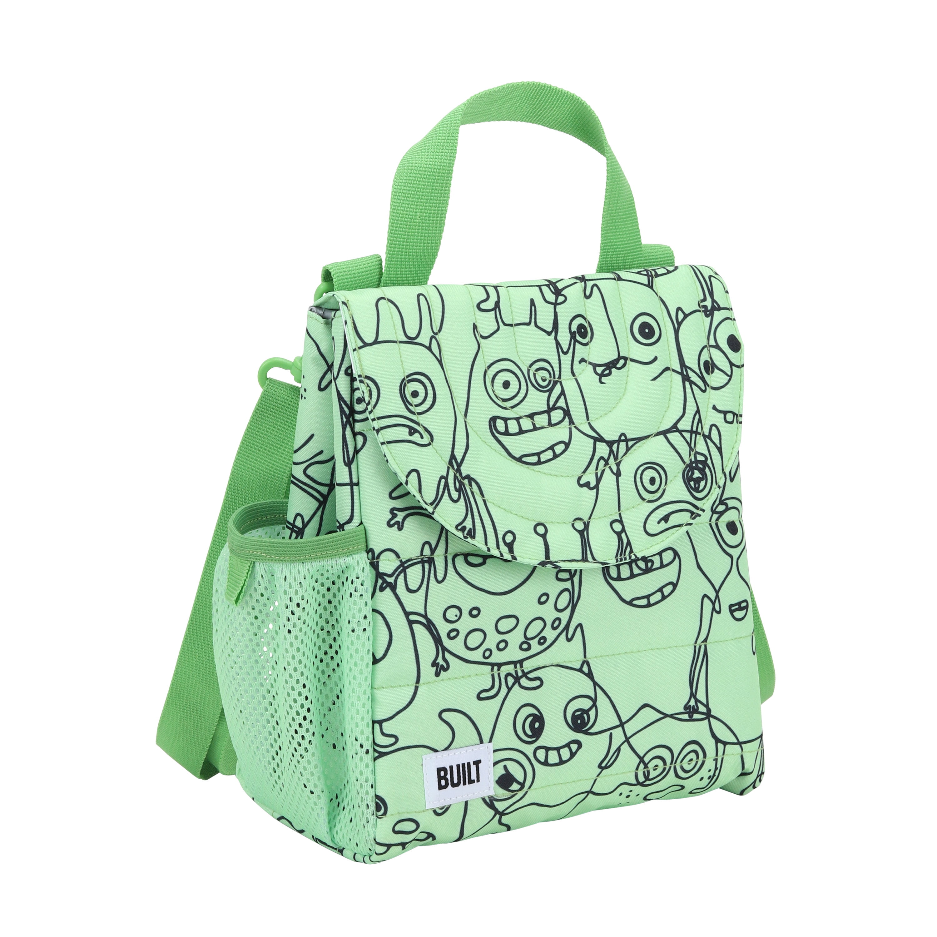 BUILT Insulated Reusable Polyester Kids Lunch Box Puffer Bag with Side Pocket, Monster Green