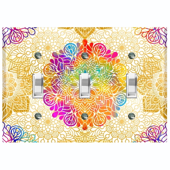 Metal Light Switch Plate Cover Rainbow Mandala Flower Tile Pattern Beige MDL092