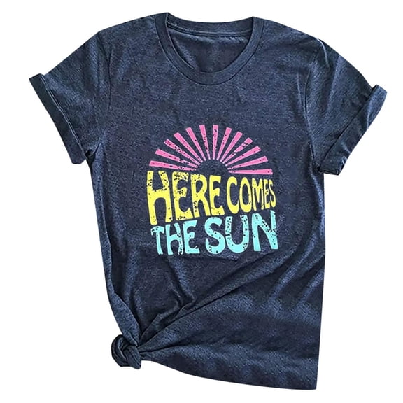Tiweut T Shirt for Woman Letter Printed Round Neck Short Sleeved Loose Pullover Tee,Navy