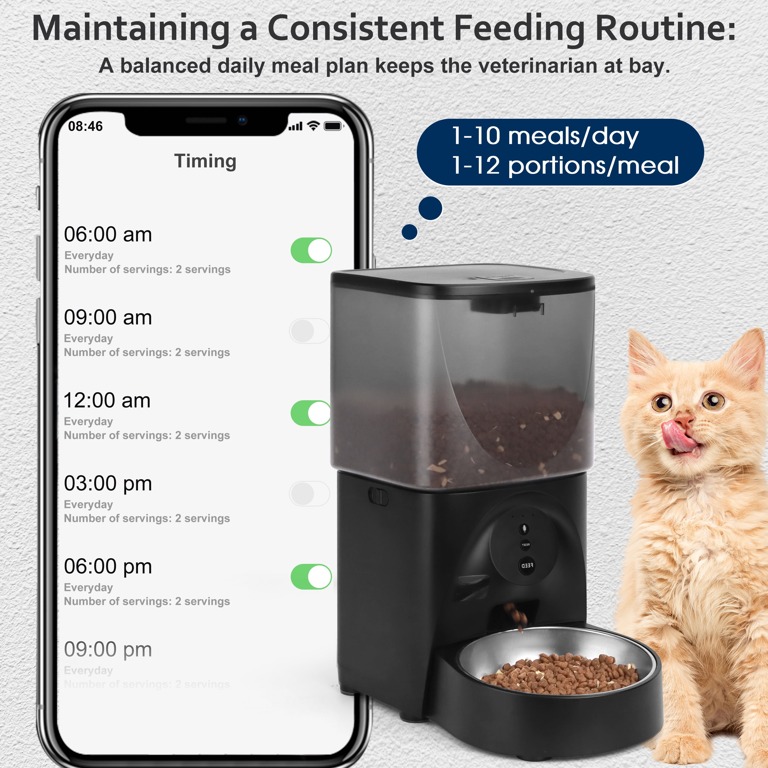 Cobectal Automatic Dry Cat Feeder with Adjustable Station, Voice Control & Dual Power Supply