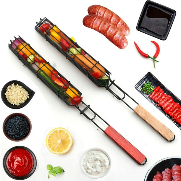 Jaula para Salchichas Ganfancp con Clip de Malla y Mango de Madera para Barbacoa