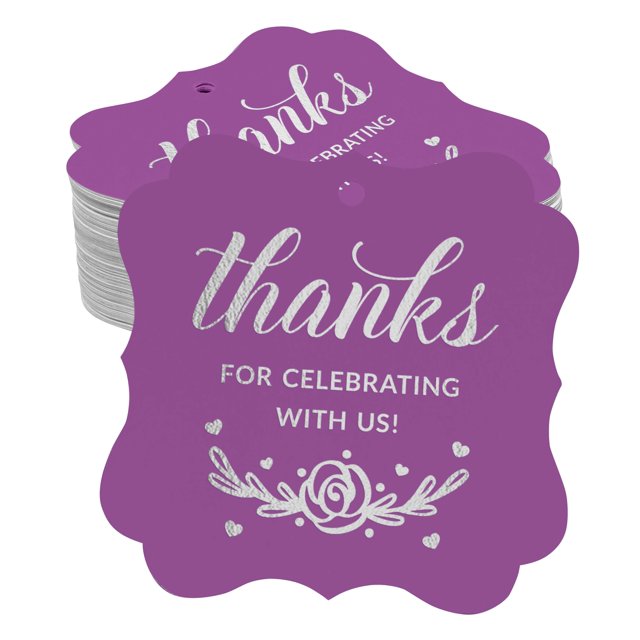 Inkdotpot Pack Of 100 Thanks For Celebrating With Us Bridal Shower-Baby Shower-Retirement-Wedding-Birthday Paper Tags DIY Craft Bracket Shape Real Silver Foil Hang Tags