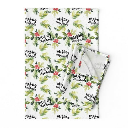 

Printed Tea Towel Linen Cotton Canvas - Christmas Red Berry Holly Greenery Holiday Winter Florals Berries Print Decorative Kitchen Towel by Spoonflower