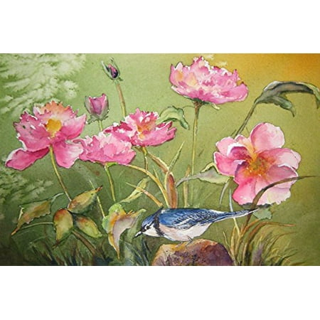 - Bird Playing The Peonies 18x12 Vintage Art Print Poster by Kate Wyman POD