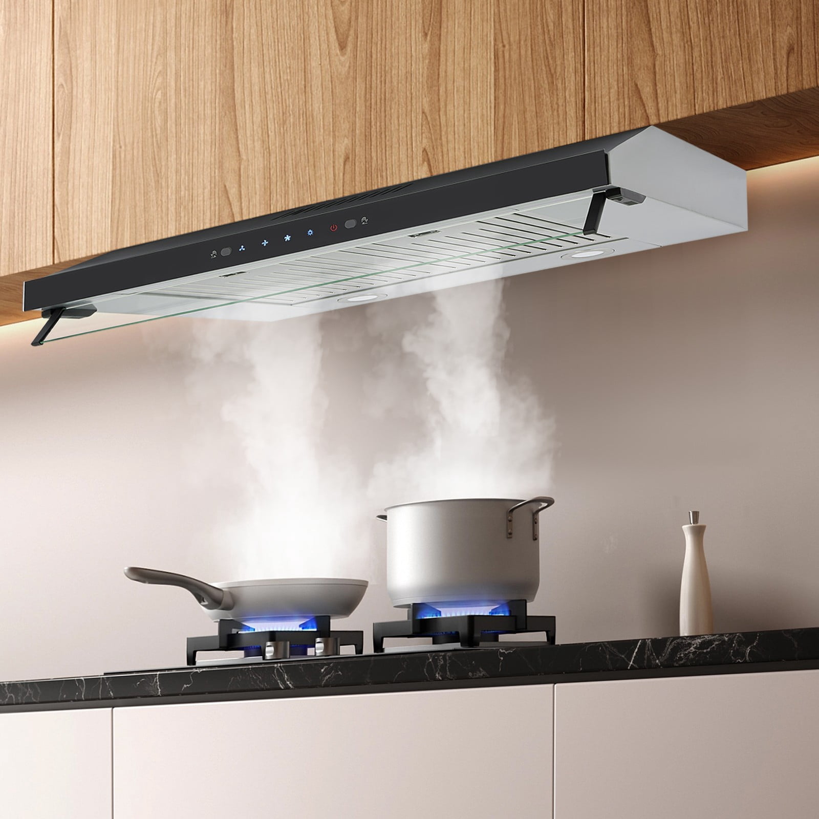 Range Hood, 30 Inch Under Cabinet Range Hood, 900CFM Kitchen Range Hoods, Stainless Steel Hood Vent Hoods with 3 Speeds Exhaust Fan, LED Lights, Baffle