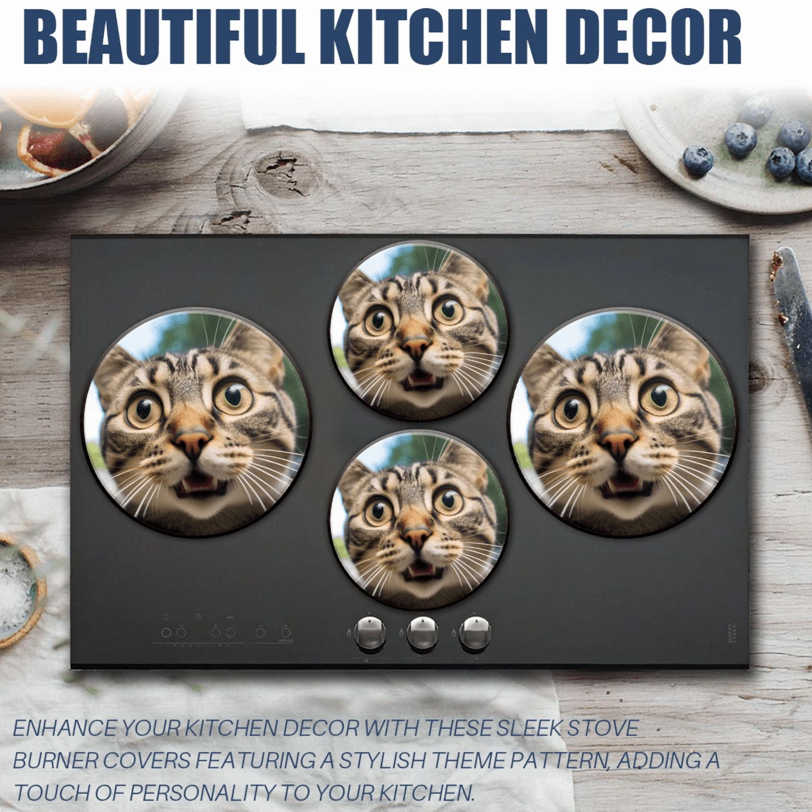 BaHomeck Electric Stove Burner Covers Set of 4,Round Metal Gas Stove Burner Covers 8 Inch and 10 Inch,Kitchen Decor,Cute Tabby Cat Looking At The Camera With Mouth Open
