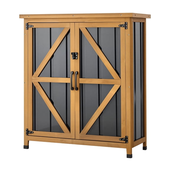 KFFKFF Outdoor Storage Shed,33.86" x 37.4"Wooden and Metal Garden Tool Cabinet with Lockable Doors & Slanted Roof, Weather-Resistant Storage Unit with Shelf & Floor for Yard,Patio,Lawn,Black/Brown