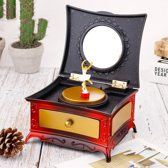 Educational Toys,Pretend Play Toys for Toddlers,Dress Up Toys,Educational Toy for 1 Year Old Boys Girls, Plastic Classical Dresser Rotating Girl Music Box with Makeup Mirror-layer Drawer Music Box