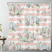 HVEST Autumn Farmhouse Harvest Shower Curtain for Bathroom,Fall Watercolor Pumpkin and Green Leaf Floral Fabric Shower Curtain with Hooks,Pink and White Striped Bathroom Curtain Shower Set, 72x78 inch