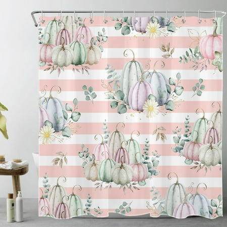 HVEST Autumn Farmhouse Harvest Shower Curtain for Bathroom,Fall Watercolor Pumpkin and Green Leaf Floral Fabric Shower Curtain with Hooks,Pink and White Striped Bathroom Curtain Shower Set, 72x78 inch