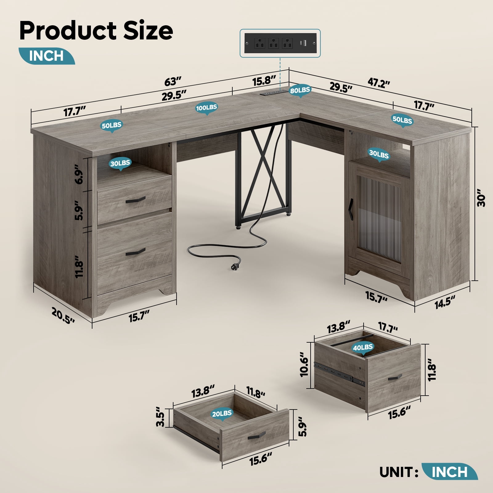 Bestier Farmhouse L Shaped Desk with Drawers, 63"Office Computer Desk with Charging Station & Fluted Storage Cabinet, Corner Desk with File Drawers, Modesty Panel for Home Office, Grey