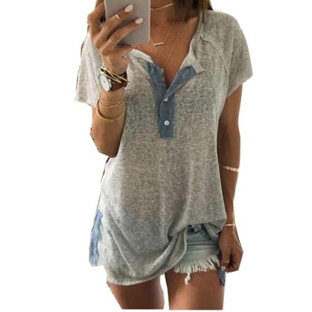 Plus Size Womens Short Sleeve Loose Casual Button Blouse T Shirt Tank