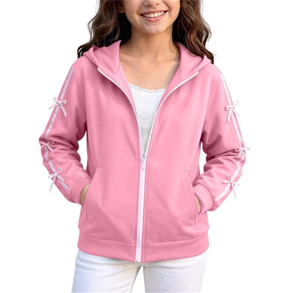 VEKDONE Girls Zip Up Hoodie Long Sleeve Hooded Sweatshirt With Cute Ribbon Bow and Pockets Kids Fall Spring Back to School Active Outerwear