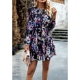 thumbnail image 5 of Floral Print Round Neck Shirred Detail Long Sleeve Dress for Women Black X-Large, 5 of 5