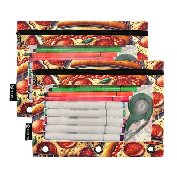 Ckdifva Delicious Original Pepperoni Pizza Pencil Pouch 3 Ring Zipper Pencil Case Binder Pockets Clear Top Cosmetic Bag 2 Pack
