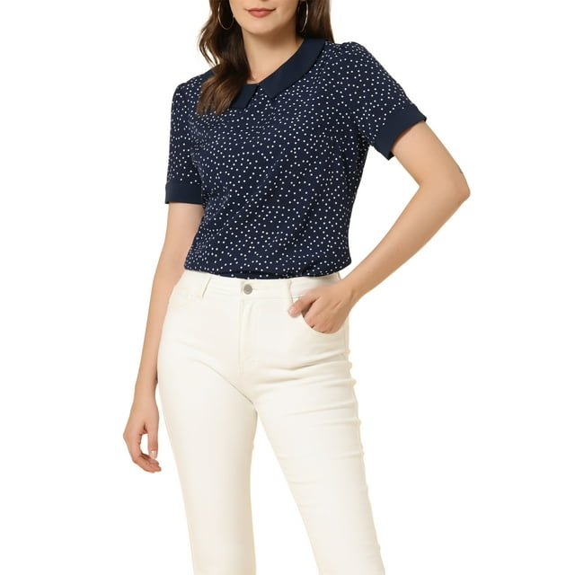 INSPIRE CHIC Hauts à Pois à Col Peter Pan Contrastant pour Femmes à Manches Courtes TG Bleu Marine
