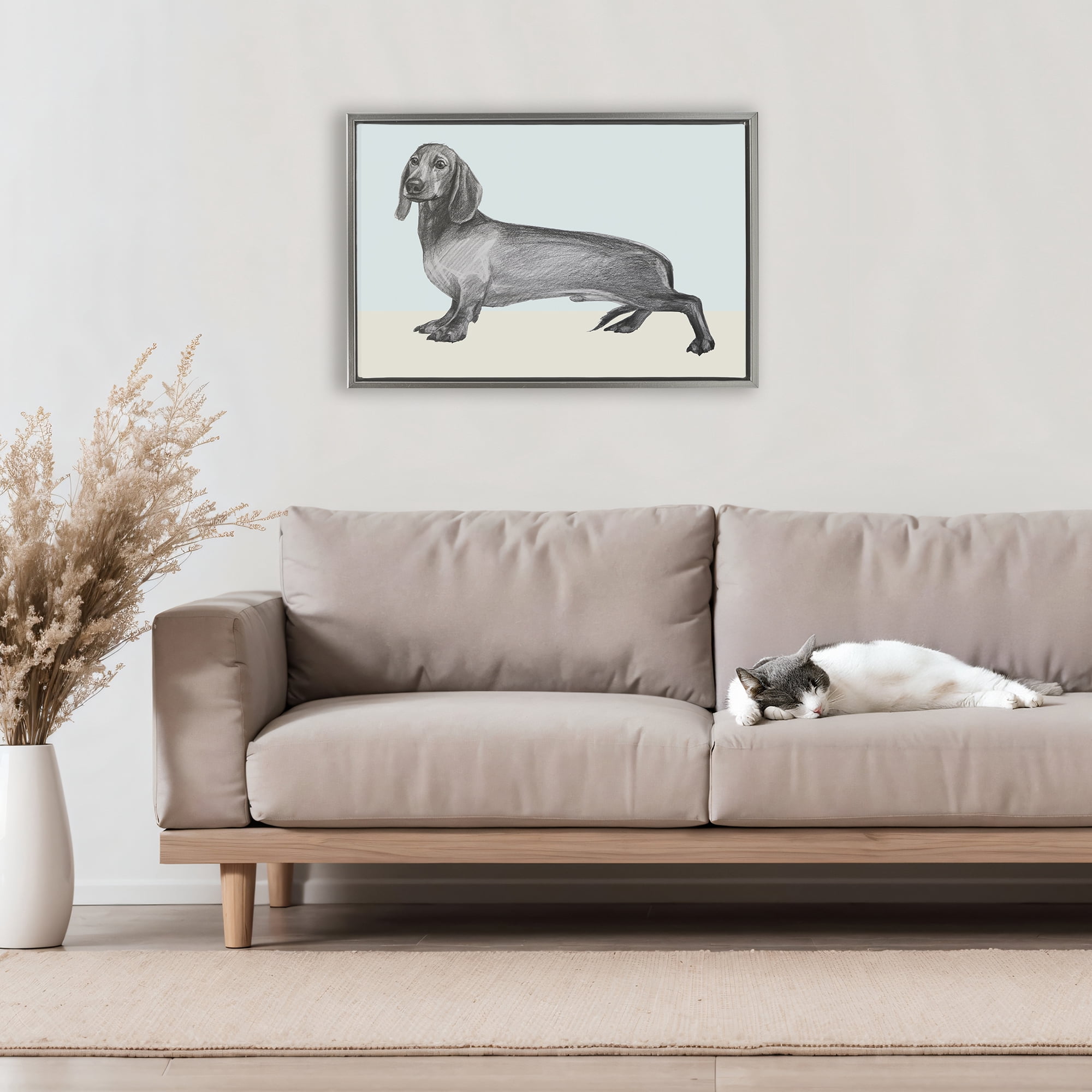 Stupell Industries Sketched Dachshund on Blue Gray Framed Floater Canvas Wall Art, design by Violeta Vollmer