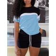 thumbnail image 2 of Conjunto de dos piezas de bloque de color casual, camiseta de manga corta y pantalones cortos con cordón, ropa de mujer, 2 of 4