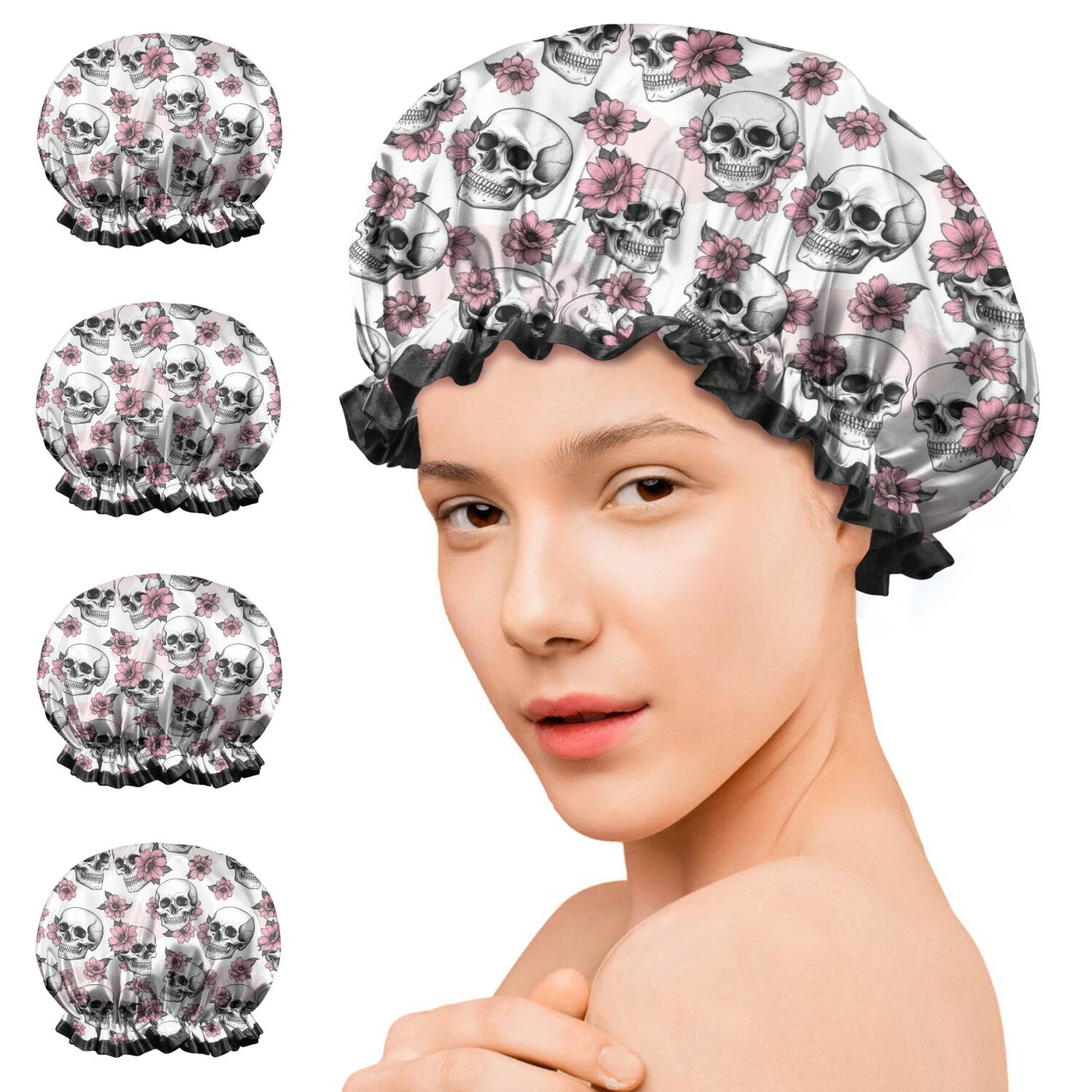 Shower Caps,White Floral Skull Pattern Waterproof Shower Cap for Women 4 Pieces,Double Reusable Hair Cover for Shower PEVA Elastic Stretch Hem
