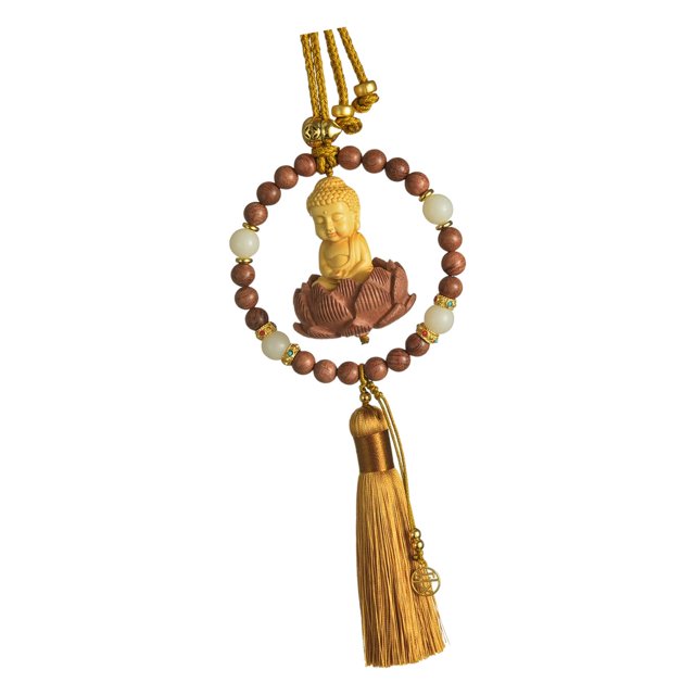 DYNWAVECA Buddha Statue Car Rearview Mirror Charm Pendant with Tassel Feng Shui Decor Yellow w Spacer Bead