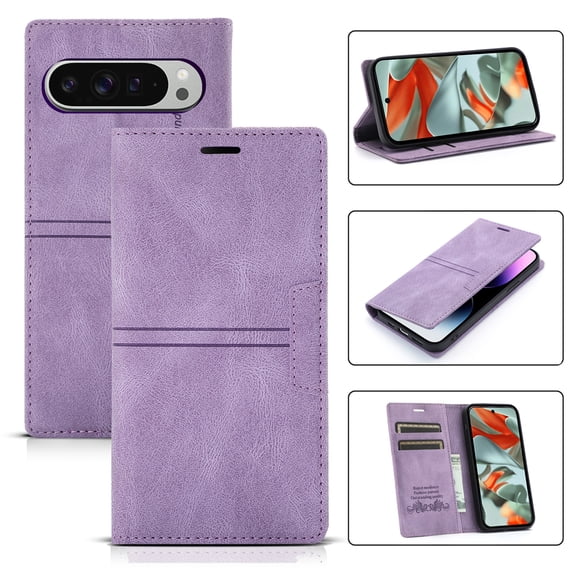 Premium Wallet Case For Google Pixel 10 /10 Pro,Vintage PU Leather Flip Folio Cover with RFID Blocking Card Holder Slots & Viewing Stand, Magnetic Closure Full Body Protective Phone Case,Purple