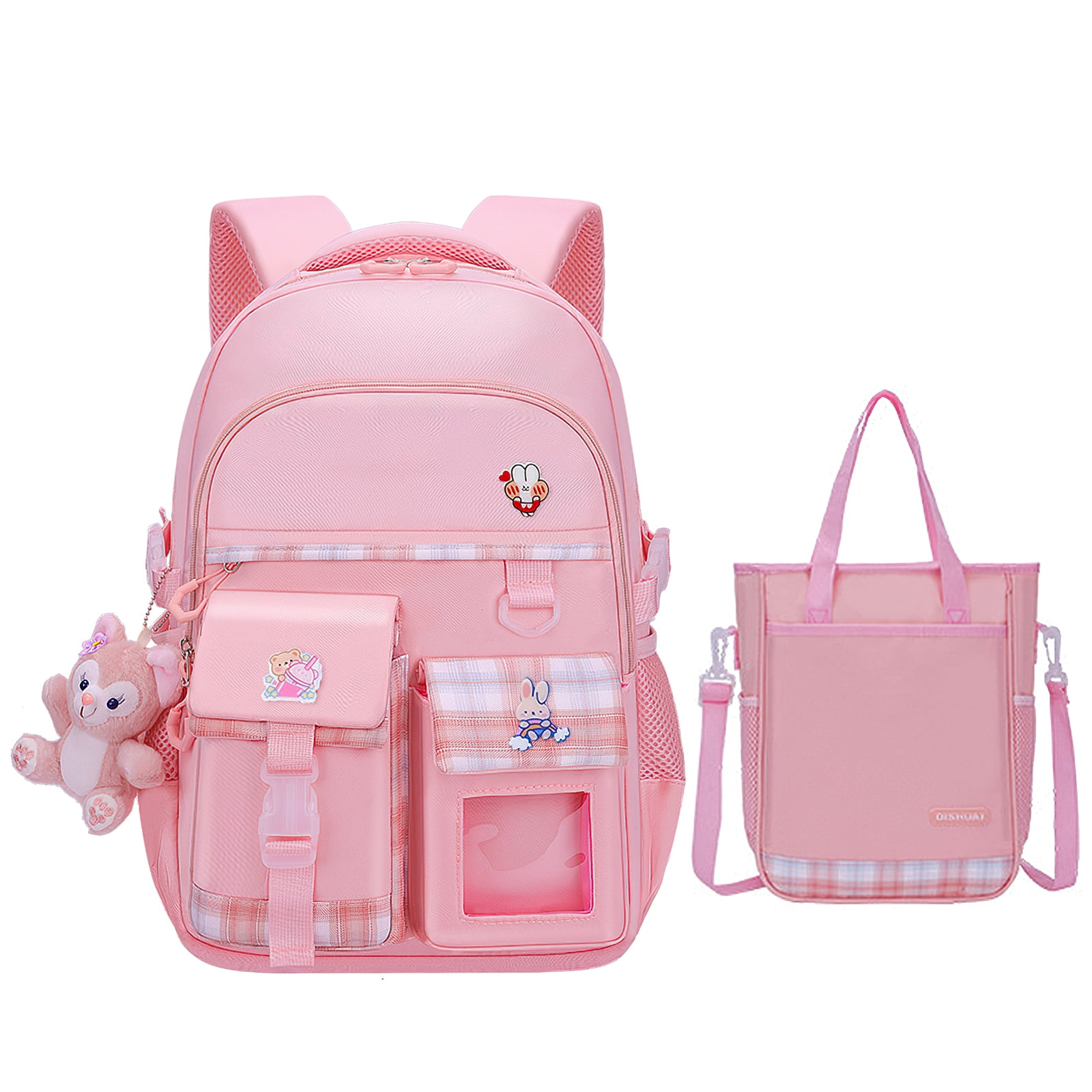 Kadyn Travel Backpacks, Cute Bookbag for Teen, Multifunctional School Durable Schoolbag with Lina Bell, 3 Decorative Cards and Lunch Bag, Pink