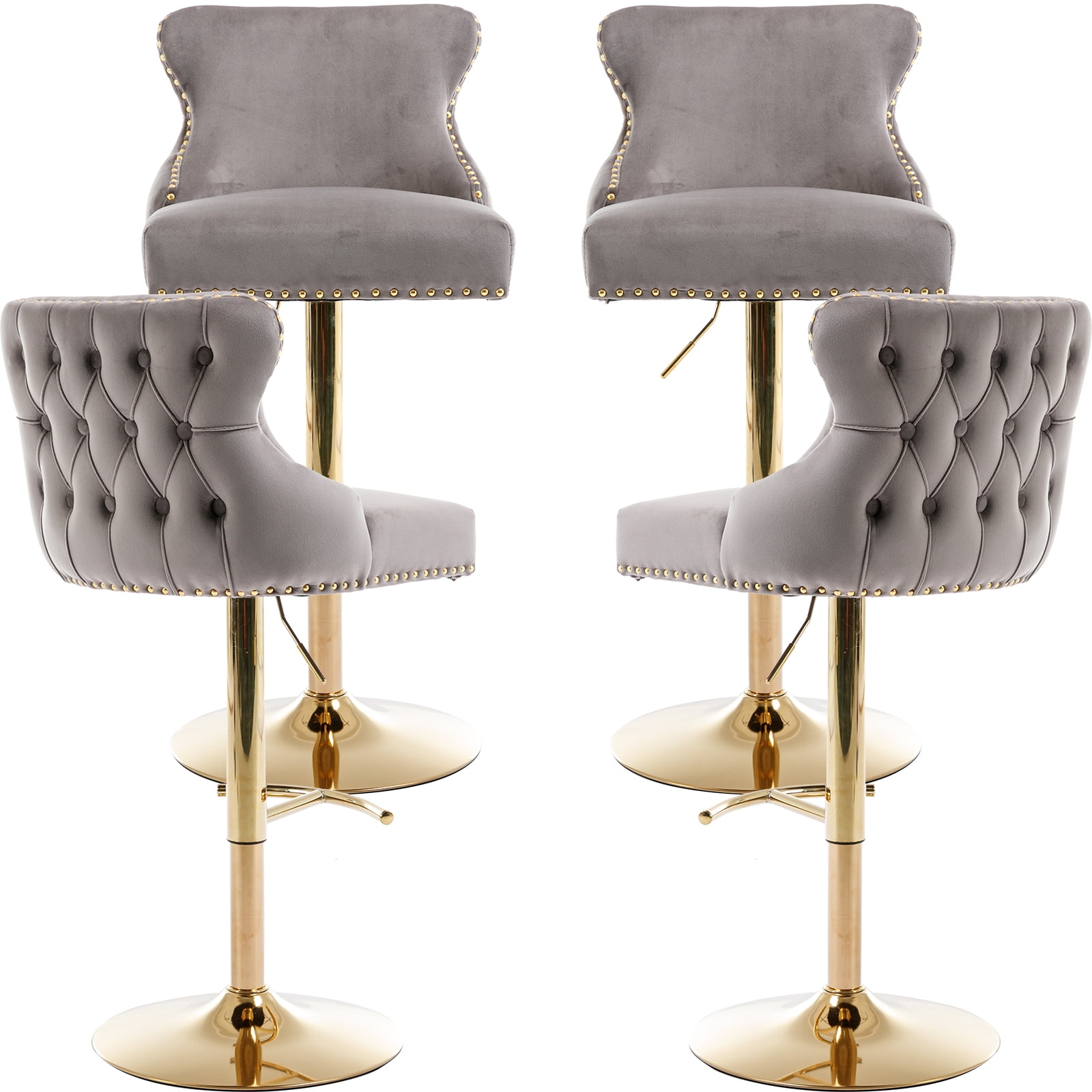 Grey Velvet Swivel Bar Stools Set of 4 with Upholstered Back