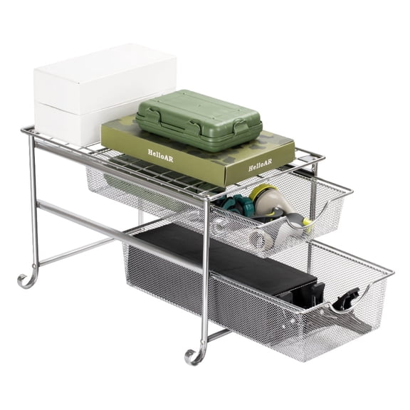 2-Tier Adjustable Under Sink Organizer - Heavy-Duty Metal Sliding Cabinet Shelf for Bathroom/Kitchen, Rust-Proof & Anti-Slip Design