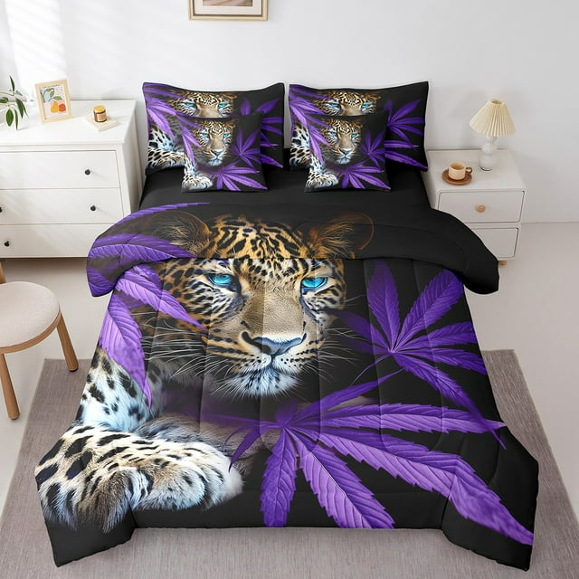 Ensemble de Literie Léopard Complet 7 Pcs, Ensemble de Couette Feuille Violette Réversible Motif Animal Sauvage Grand Félin Guépard, Ensembles de Literie Ultra Doux et Respirants avec Couette, Draps, Taies d'Oreiller et Couvre-Oreillers