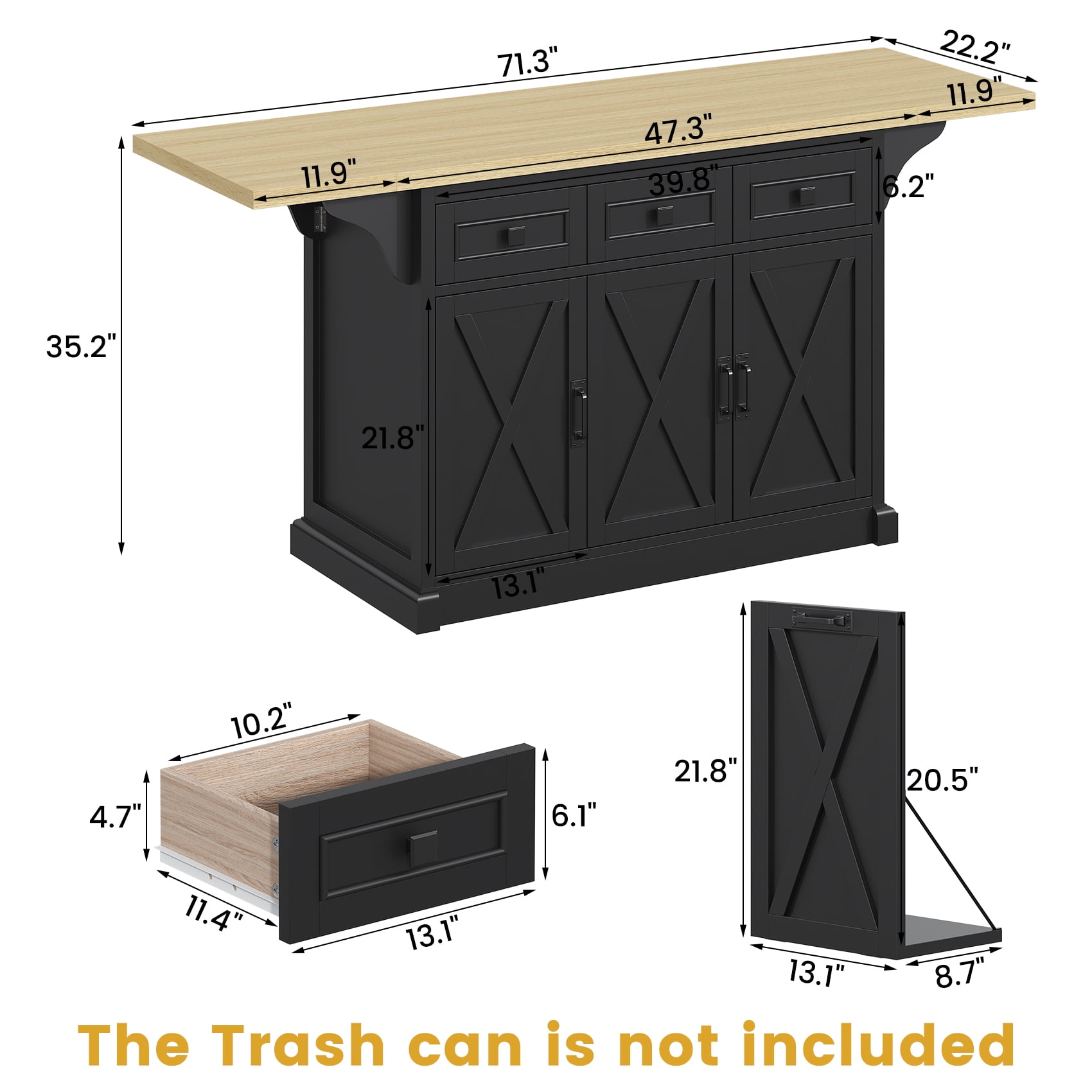 HAUXITIO 71" Kitchen Island with Drop Leaf & Power Outlet, Rolling Cart with 3 Drawers, Trash Cabinet & Storage Racks,Black