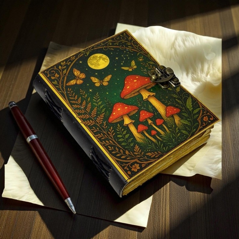 Mushroom Leather Grimoire – Vintage Book of Shadows, 200 Pages Witchcraft Spellbook, Wiccan Pagan Gothic Witchy Magic Journal