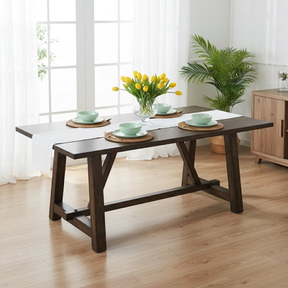 GOMYHOME 72" Rustic Solid Wood Dining Table, Farmhouse Trestle Kitchen Table for 6-8, Walnut Brown