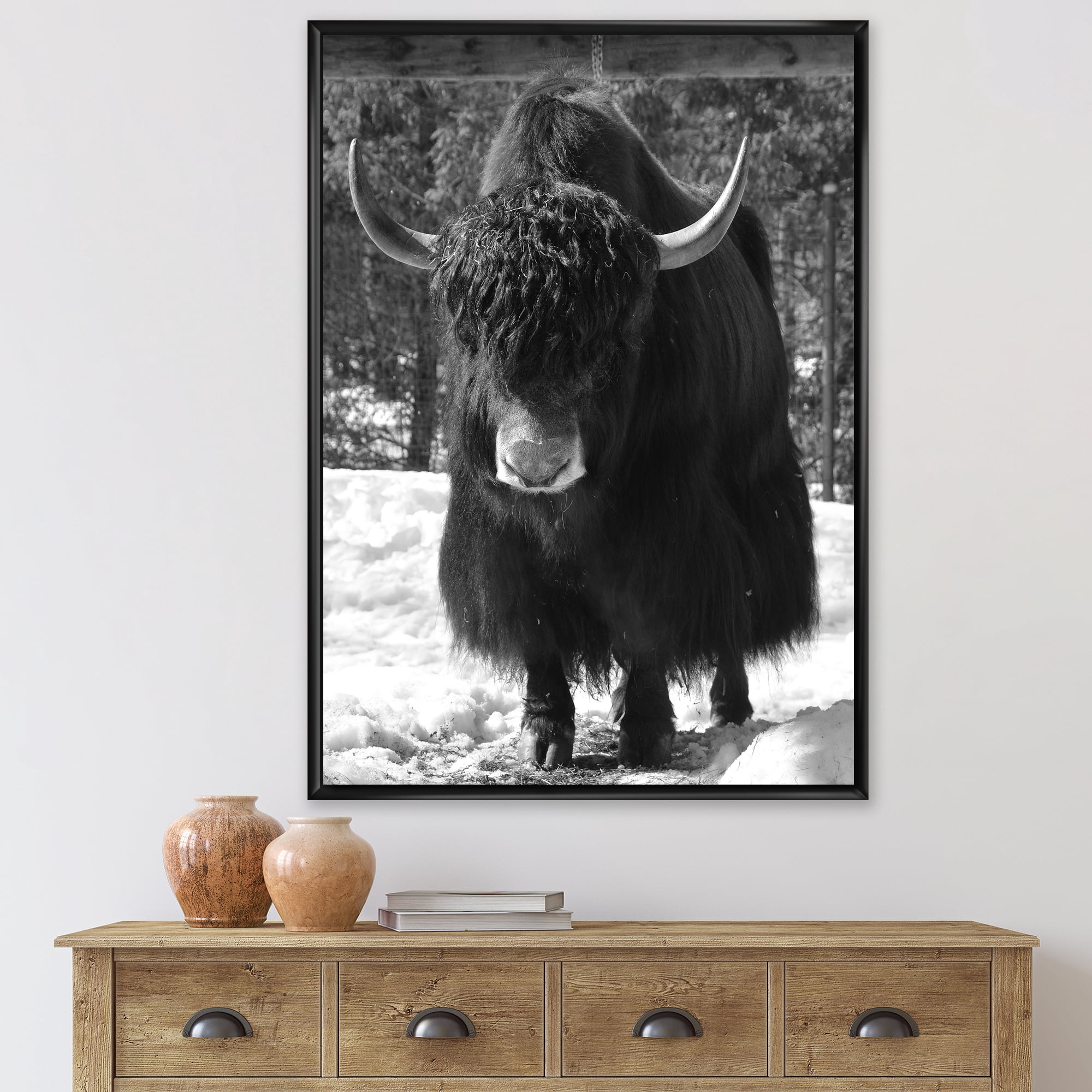 Designart 'Portrait Of Monochrome Wild Bull In Winter Forest I' Farmhouse Framed Canvas Wall Art Print
