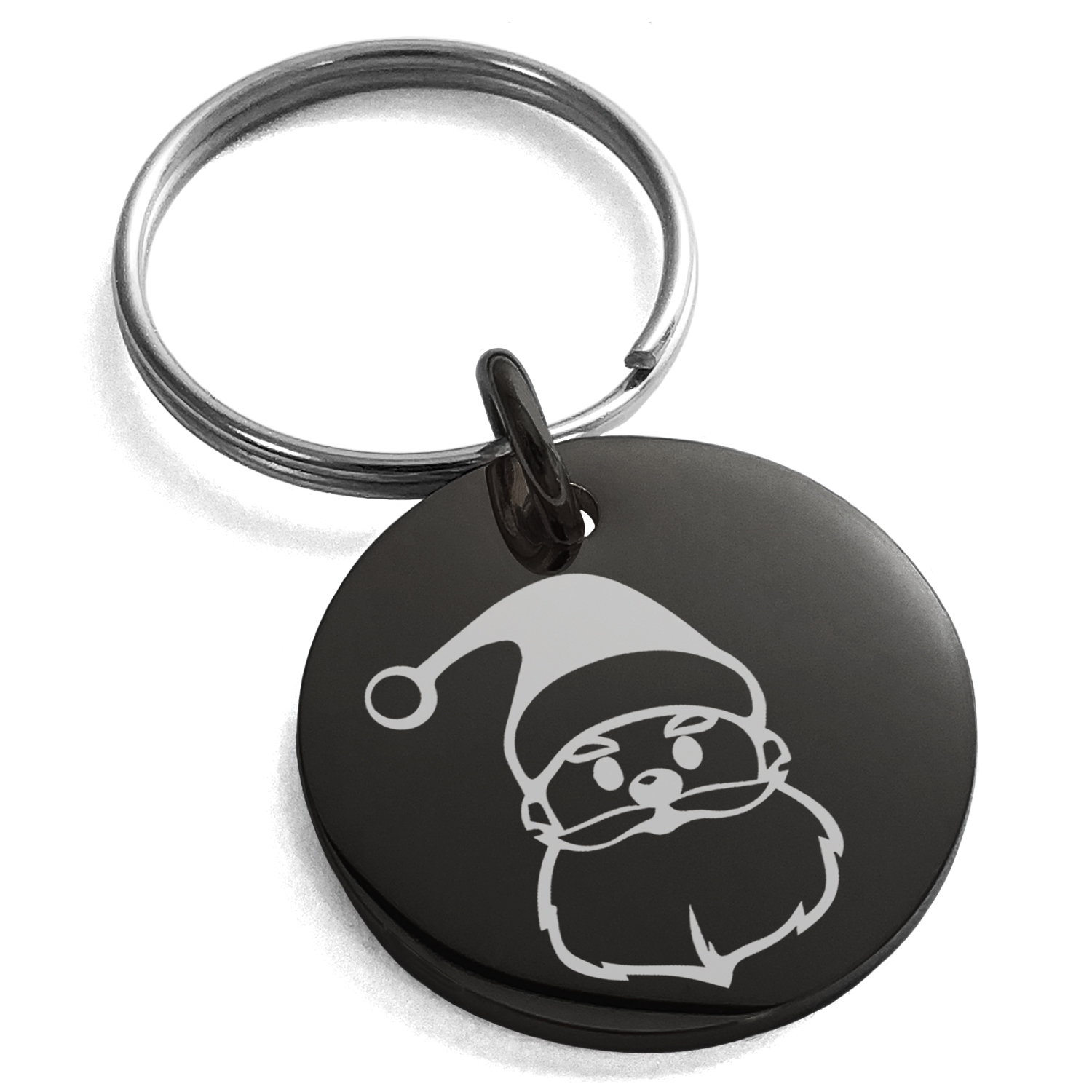 Santa Key Rings Black Stainless Steel Cute Santa Claus Engraved Small Medallion Circle ...