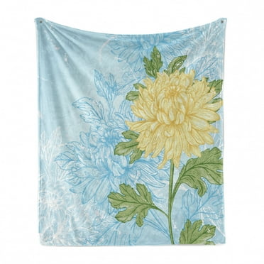 Flower Soft Flannel Fleece Throw Blanket, Yellow Flower Chrysanthemum on a Blue Abstract and Romantic, Cozy Plush for Indoor and Outdoor Use, 70" x 90", Pale Yellow Olive Green, by Ambesonne